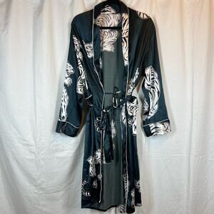 Cososa deep green tiger print tie front satin kimono midi robe